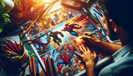 Designer drawing a picture of a dragon in his studio, close up
