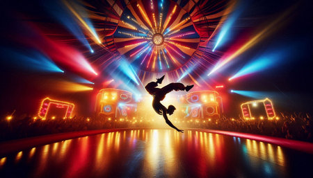 Dancing ballerina in front of a stage with lights and spotlights