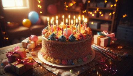 Birthday cake with burning candles and presents on wooden table in room