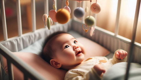Cute asian baby boy lying in cot and playing with colorful toys