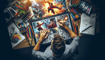Young man sitting at his desk in his home office working on a digital tablet