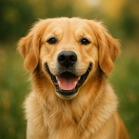 Portrait of golden retriever dog with tongue out on green grass