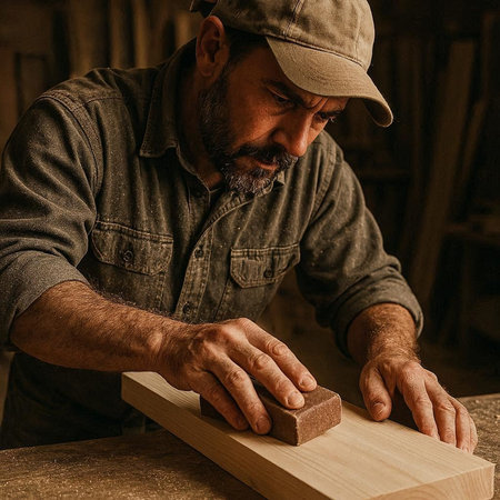 Carpenter working in his workshop. Carpenter working with wood on a wooden board.