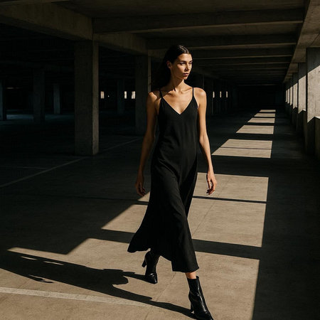 fashion outdoor photo of beautiful sensual woman with dark hair in elegant black dress and accessories posing in the city