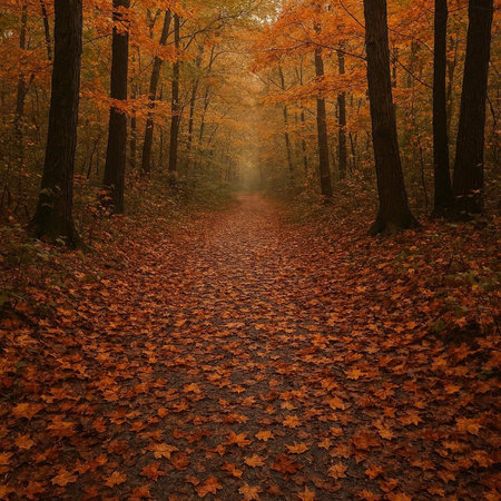 Autumn forest with fallen leaves and a path in the middle.