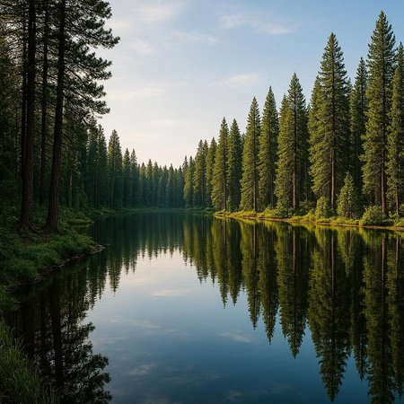 Lake in the coniferous forest. Reflection in the water.
