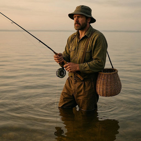 Fisherman with fishing rod and wicker basket in the water