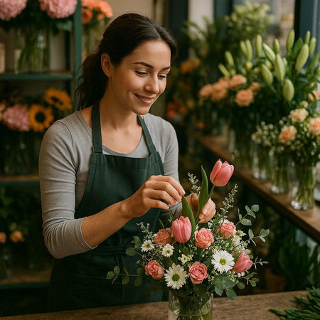 Portrait of a young woman florist working in her flower shop.