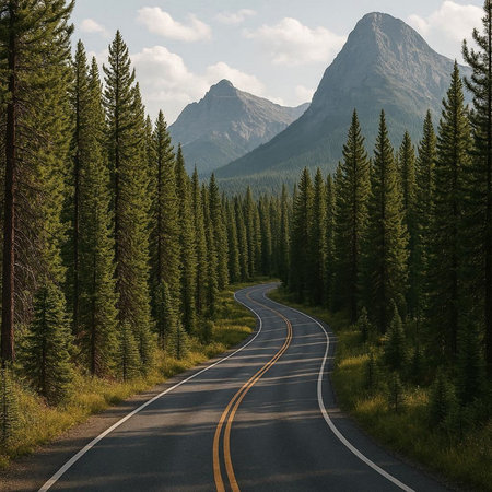 Road in the mountains. The road through the coniferous forest.