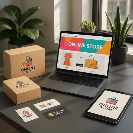 Laptop screen displaying an online shop concept on a laptop and parcels