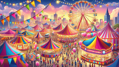 Carnival fair in the city at sunset. Vector illustration.