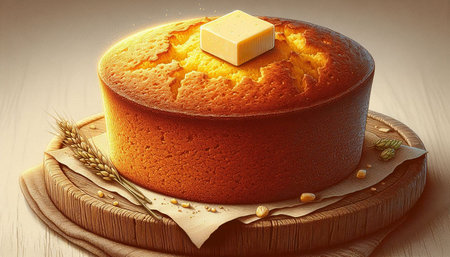Sponge cake with butter and ears of wheat on a wooden board