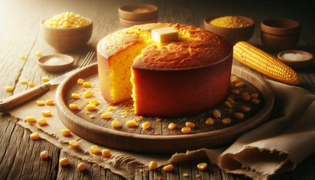 Cornbread with butter on a wooden table. Delicious cornbread.