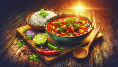 Thai spicy curry with rice and vegetables on wooden table background.