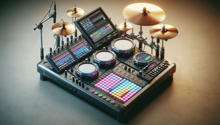 Electronic drum set on a dark background. Close-up.