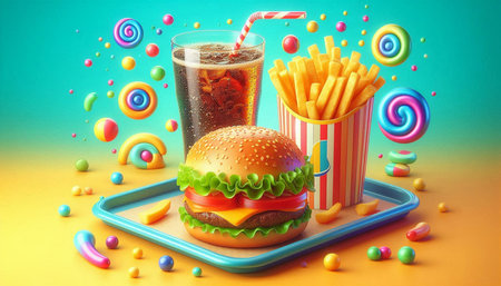 Hamburger, french fries, cola and candy on colorful background