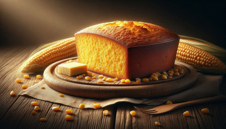 Corn cake with butter and corn on a wooden board. Toned.