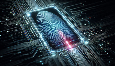 Fingerprint scan provides security access with biometrics identification. 3D rendering