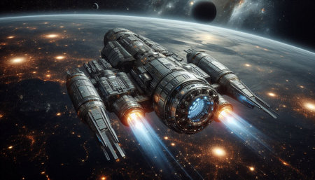 Spaceship in space. Science fiction art. 3D rendering
