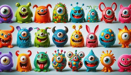 Funny colorful monsters on blue background, halloween concept.