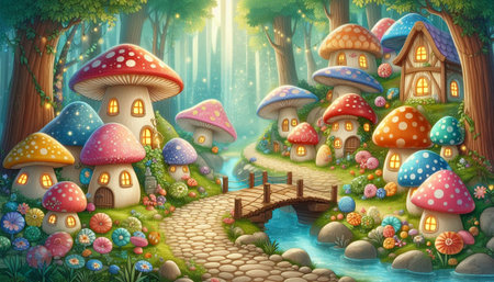 cartoon scene with fantasy forest and fairy village - illustration for children