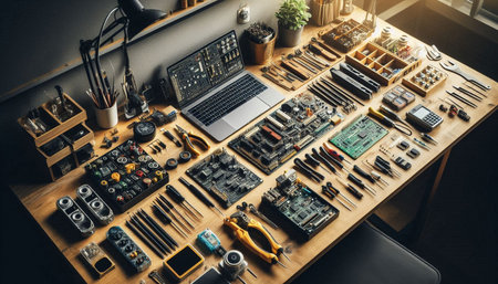 Top view of a repairman's workplace with a lot of tools