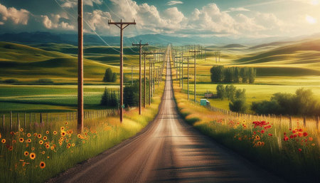 Road in the countryside with blue sky and white clouds. 3d rendering