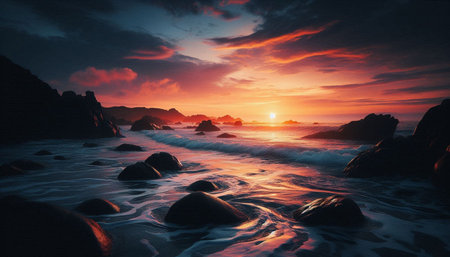 Beautiful seascape. Dramatic sunset over the sea.