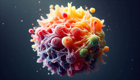 3d illustration of abstract colorful background with cells and particles. Science and medical background