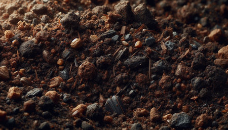 Close-up of soil with black ants. Macro shot. Natural background