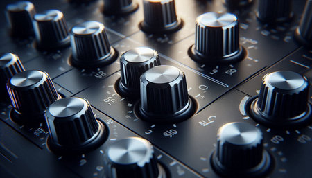 Audio mixer, close-up shot with shallow depth of field.