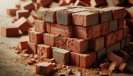 Pile of red bricks and cocoa powder. Selective focus.