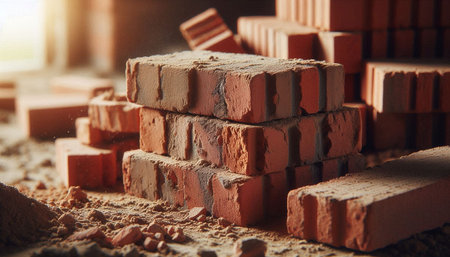 Brick building construction site. Construction concept. Red brick on the floor.