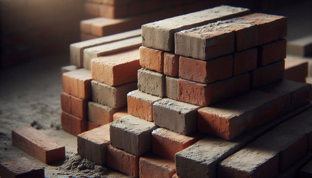 Brick wall, construction site, building materials, bricks and cement