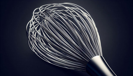 Close-up of a metal wire whisk on a dark background.