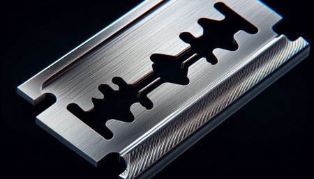 Stainless steel razor blade on black background. Shallow depth of field.