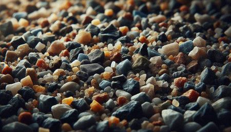 Colorful stones on sand as background, closeup. Selective focus