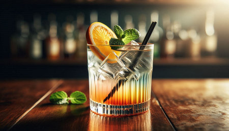 Cocktail with orange, mint and ice on a bar counter