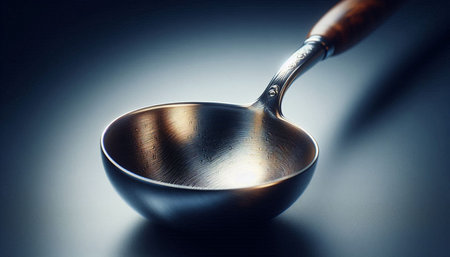 Steel frying pan with wooden handle on a black background. Toned.