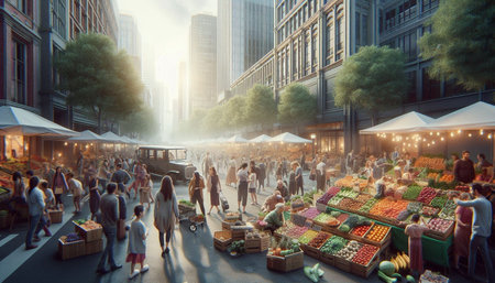 Crowd of people walking at a street market in downtown Chicago.