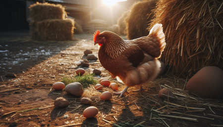 chicken with eggs on a farm in the rays of the setting sun