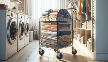 Laundry room interior with washing machine and clothes. 3D Rendering