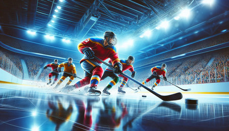 Ice hockey players on the ice at the stadium. 3d rendering