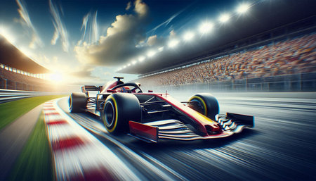 Red formula car on the race track at sunset. 3d rendering