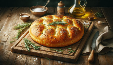 Homemade bread with rosemary and sesame seeds on wooden table