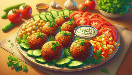 Vegetable salad with meatballs, cucumber, tomato, pepper, onionnnaise on a plate.