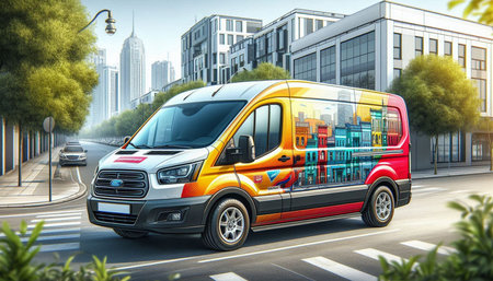 Van on the city road. 3d rendering. High resolution image.
