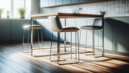 Minimalistic kitchen interior with furniture and wooden floor. 3D Rendering