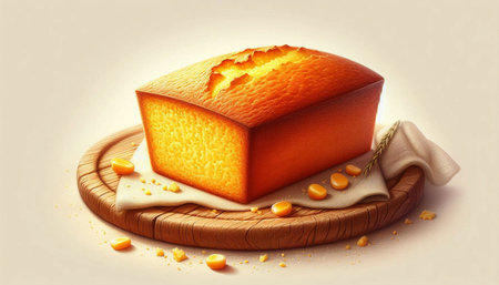 Orange cake and corn kernels on a wooden board. 3d illustration