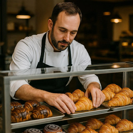 selective focus of mature man in apron working with croissants in bakery